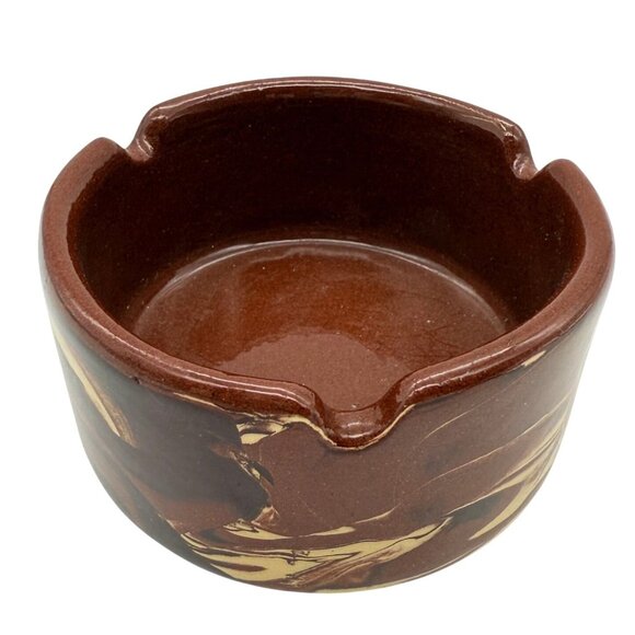 Vtg Clays in Calico Pottery Ashtray Cardwell Montana Marbled Brown Cream Signed - Picture 2 of 8